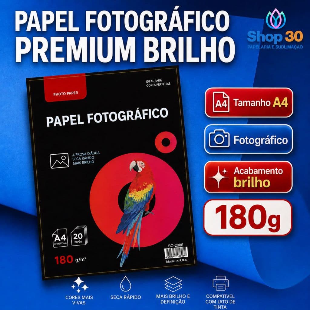 Folhas Papel Fotográfico A4 Glossy 180g Premium Brilho - ENVIO 24H