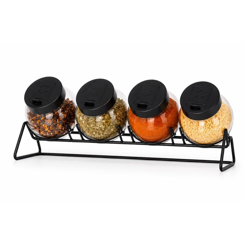 Porta Temperos Horizontal 4 Potes com Suporte de Aço Organizador de Cozinha