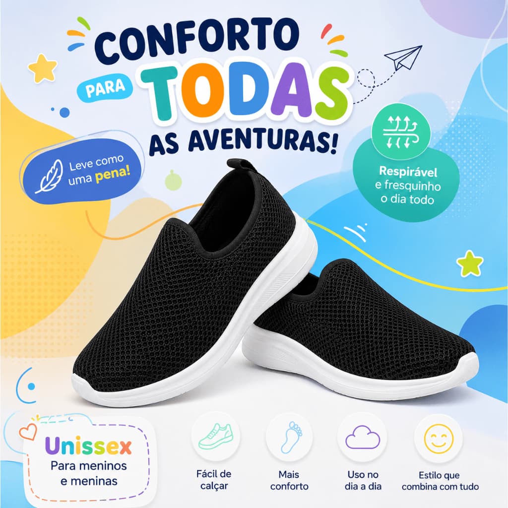 Tênis Infantil Leve Casual Respirável Calce Fácil Menino Menina Escola Passeio Solado Antiderrapante