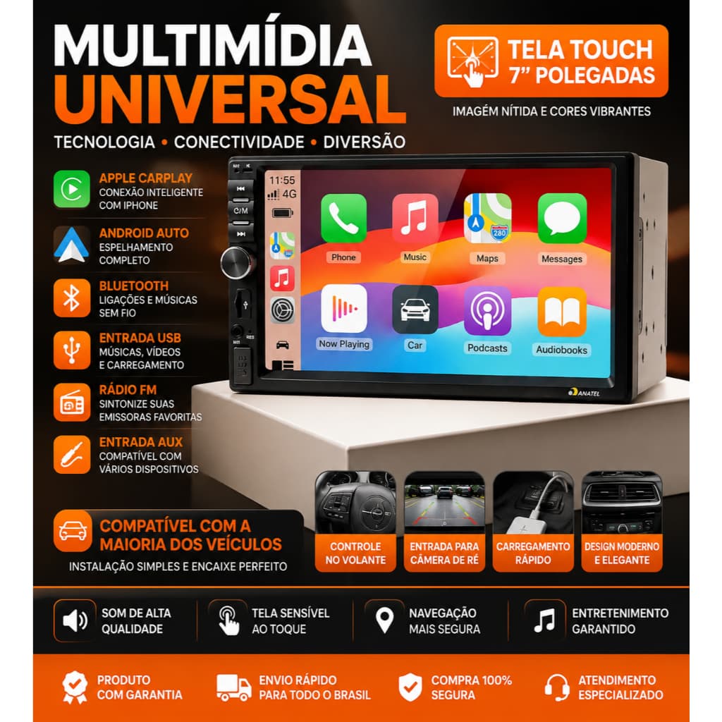 Central Multimidia 2 Din 7 P Carplay E Android Auto Sem Fio