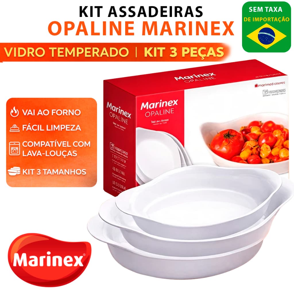 Kit 03 Assadeiras Opaline marinex PMG Travessa Forma Travessas Vidro Branco Brilhante Resistente