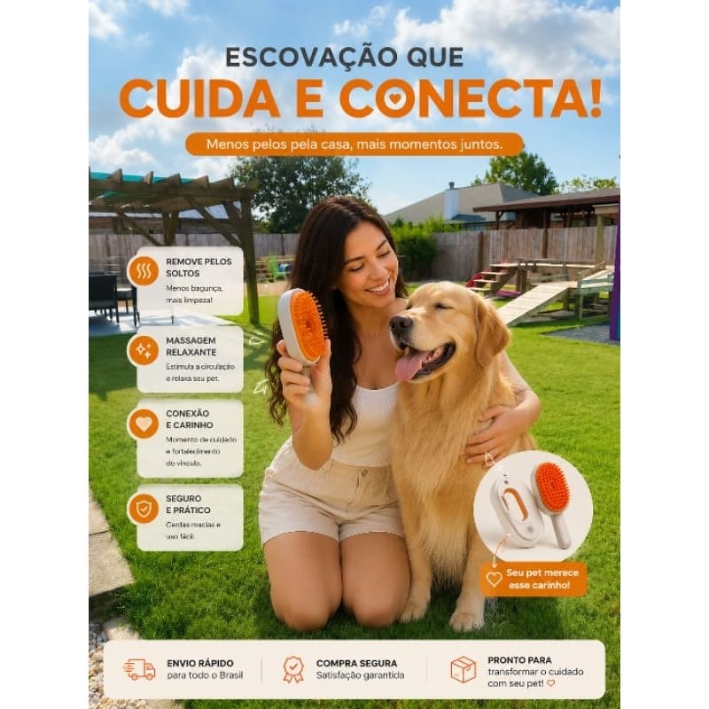 Escova Pet 3 em 1 a Vapor Removedora de Pelos para Cães e Gatos