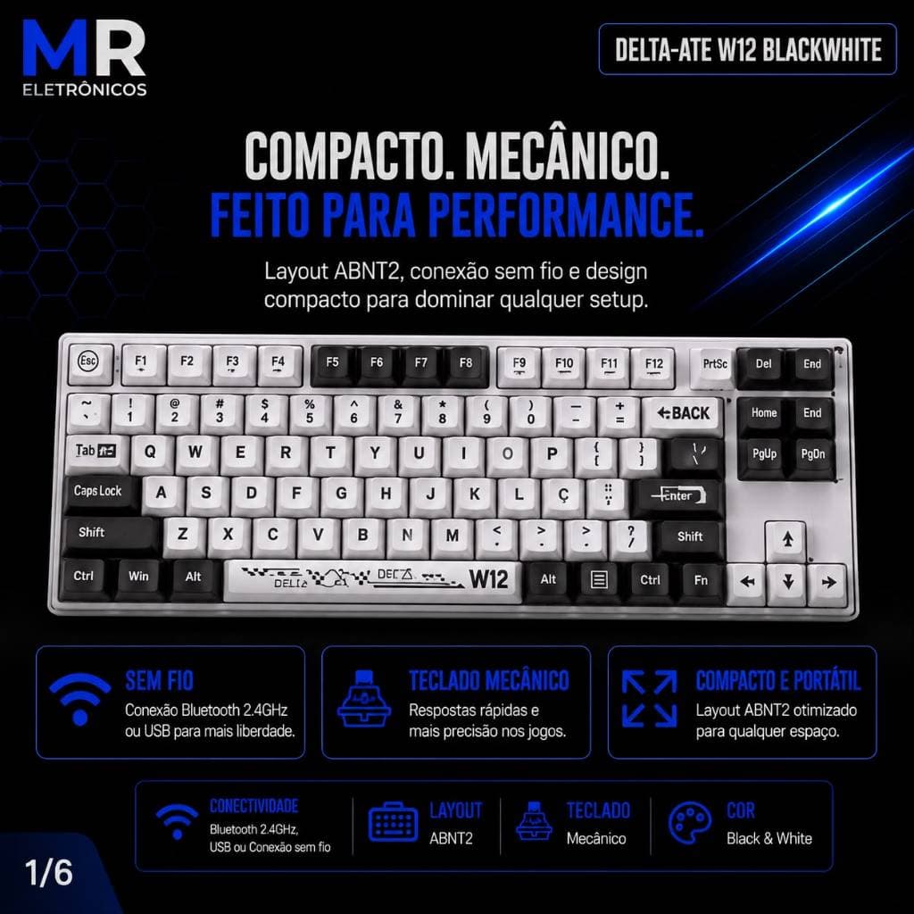 Teclado Mecânico Gamer Sem Fio | Bluetooth 2.4Ghz | USB | ABNT2 | Hot Swap | DELTA-ATE W12