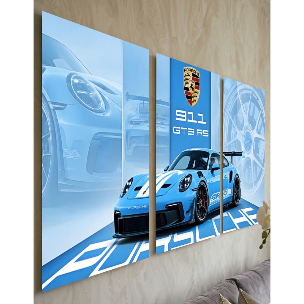 Quadro Decorativo Mosaico 3 Peças Porsche 991 Esportivo Azul Painel Parede Sala Decoração Moderna