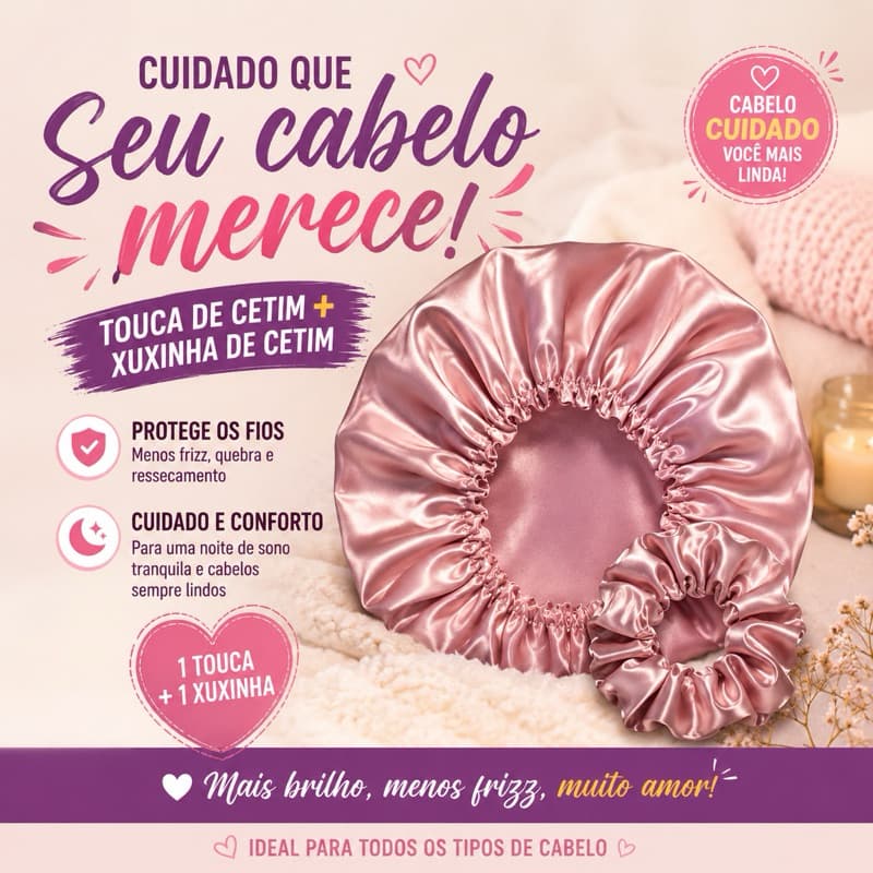 Kit Cetim Proteção Total para seus cabelos: 1 Touca de Cetim + 1 Xuxinha de Cetim (Zero Frizz)