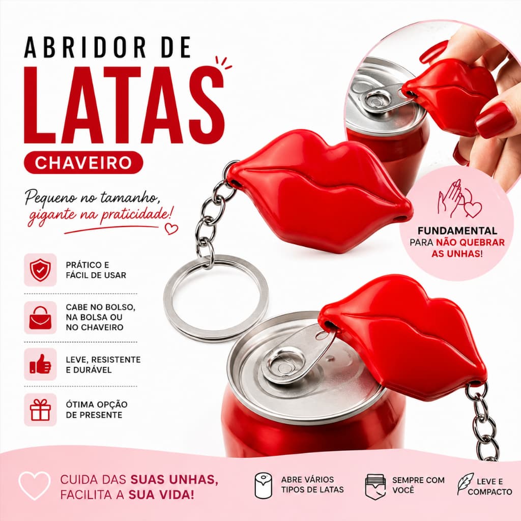 Abridor de Lata para Unhas com Formato de Boca Beijo Chaveiro