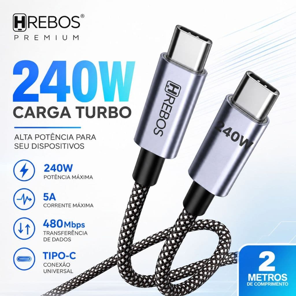 Cabo 240W Tipo C (USB-C) 2 Metros Turbo de Alta Performance Corrente 5A 480Mbps