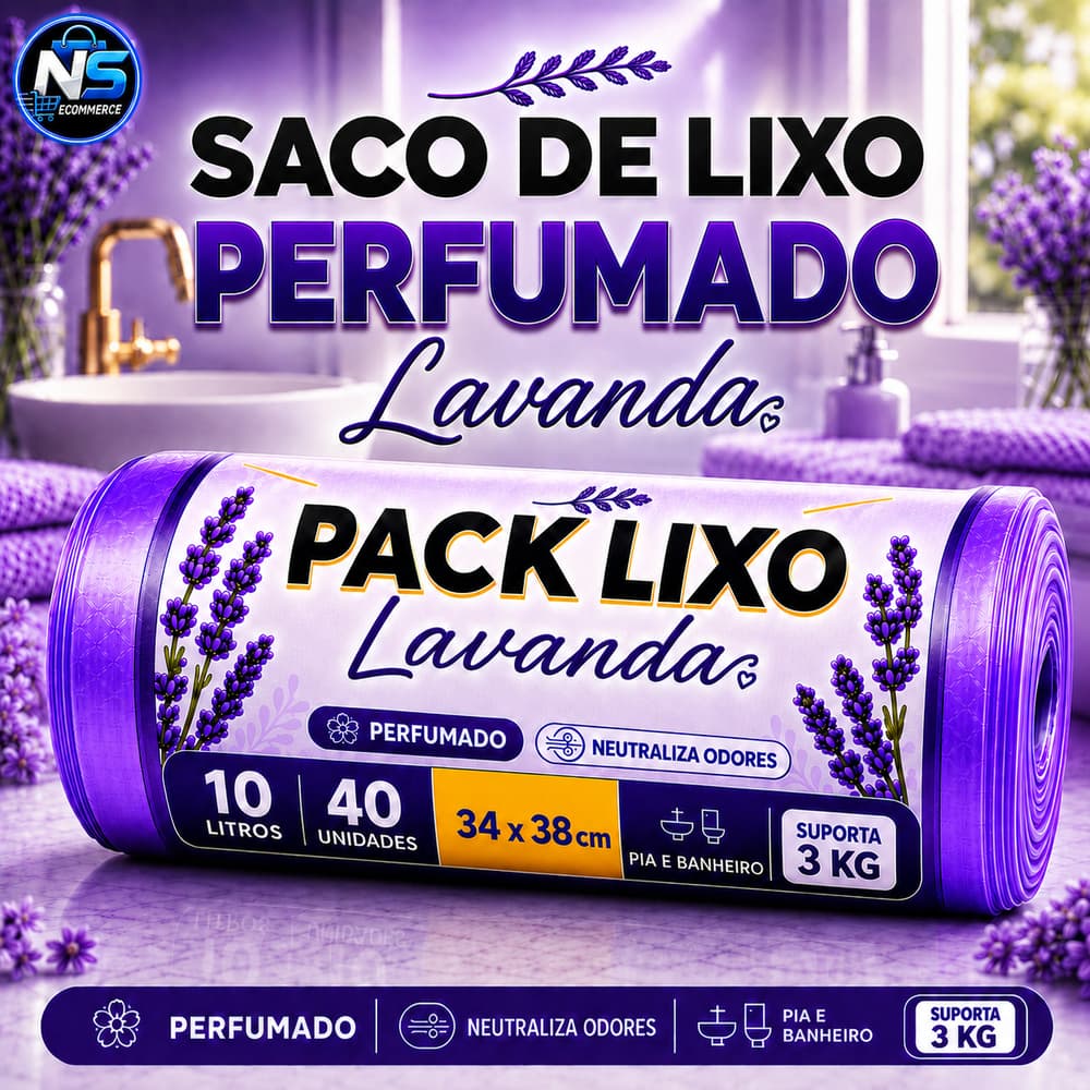 Saco de Lixo Perfumado Lavanda 10L 40 Sacos 34x38cm Pias e Banheiro Resistente Neutraliza Odores