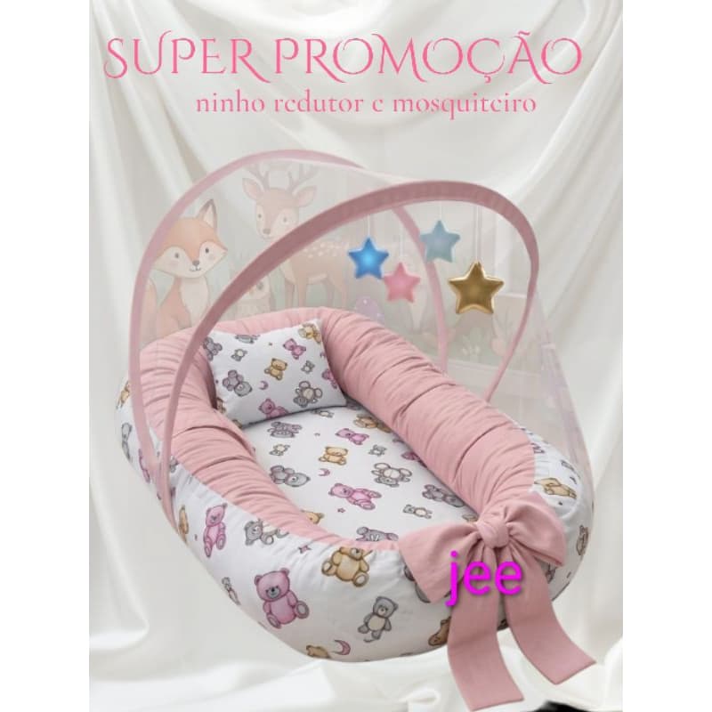ninho redutor estampas safari+mosquiteiro+travesseiro