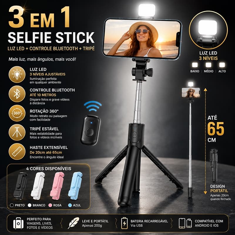 Selfie Stick 3 em 1 Tripé para Celular com Luz LED Controle Bluetooth 65cm Android iPhone