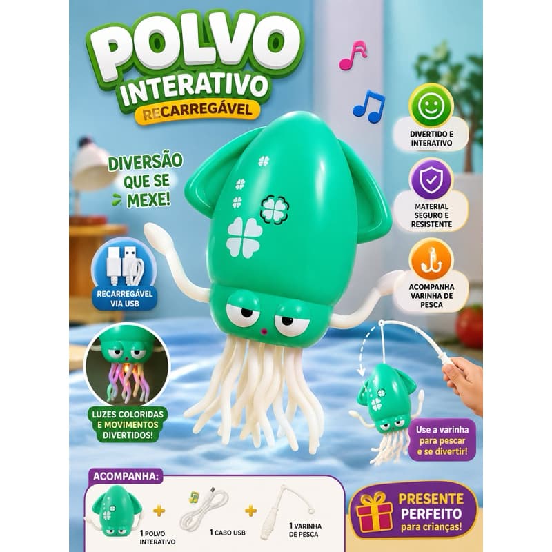 Brinquedo Polvo Elétrico Dançante Interativo Recarregável USB com Varinha de Pesca Infantil