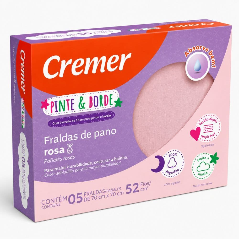 Pacote Fralda Infantil 70 x 70 cm Pinte e Borde Rosa Algodão Cremer Caixa com 5 Fraldas Bebê