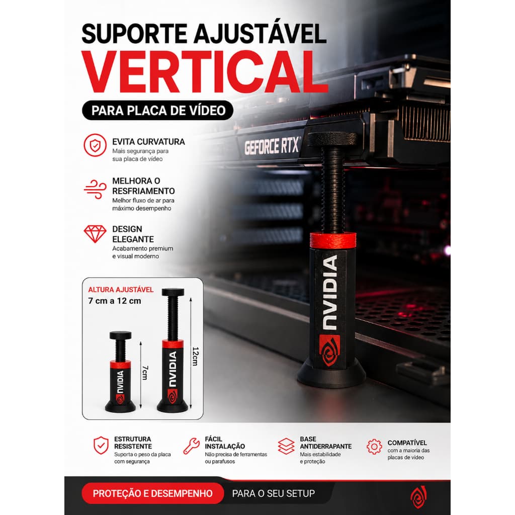 Suporte Ajustável para Placa de Vídeo GPU 7 a 12cm Anti-Sag Universal | Base Antiderrapante | Evita Curvatura da VGA