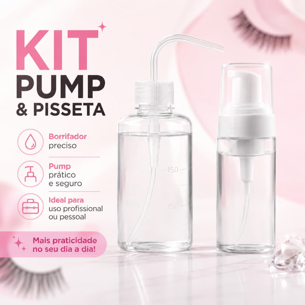 Kit Pump e Pisseta Transparente – Higienização Profissional para Extensão de Cílios e Lash Design