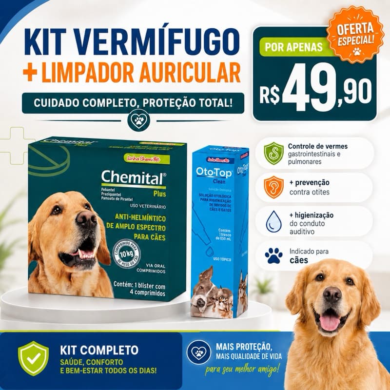 Kit Chemital Plus Vermífugo Cães 4 Comprimidos + Oto Top Clean