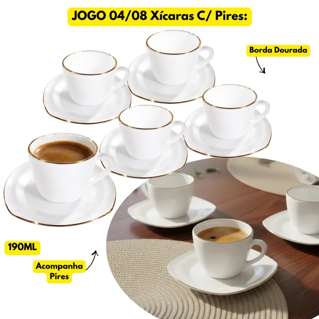Jogo Kit 04/08 Xícaras Vidro Opaline Branca 190ML Borda Dourada C/ Pires Café Chá Padaria Servir