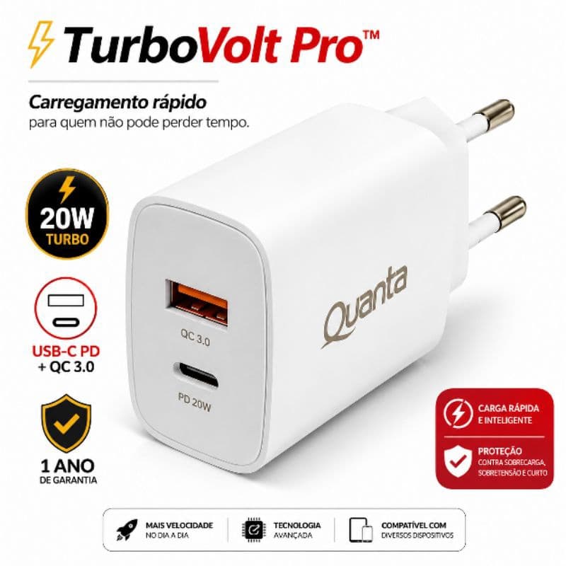 Carregador Turbo  20W USB-C PD + USB-A QC 3.0 Carga Rápida para iPhone Samsung Xiaomi