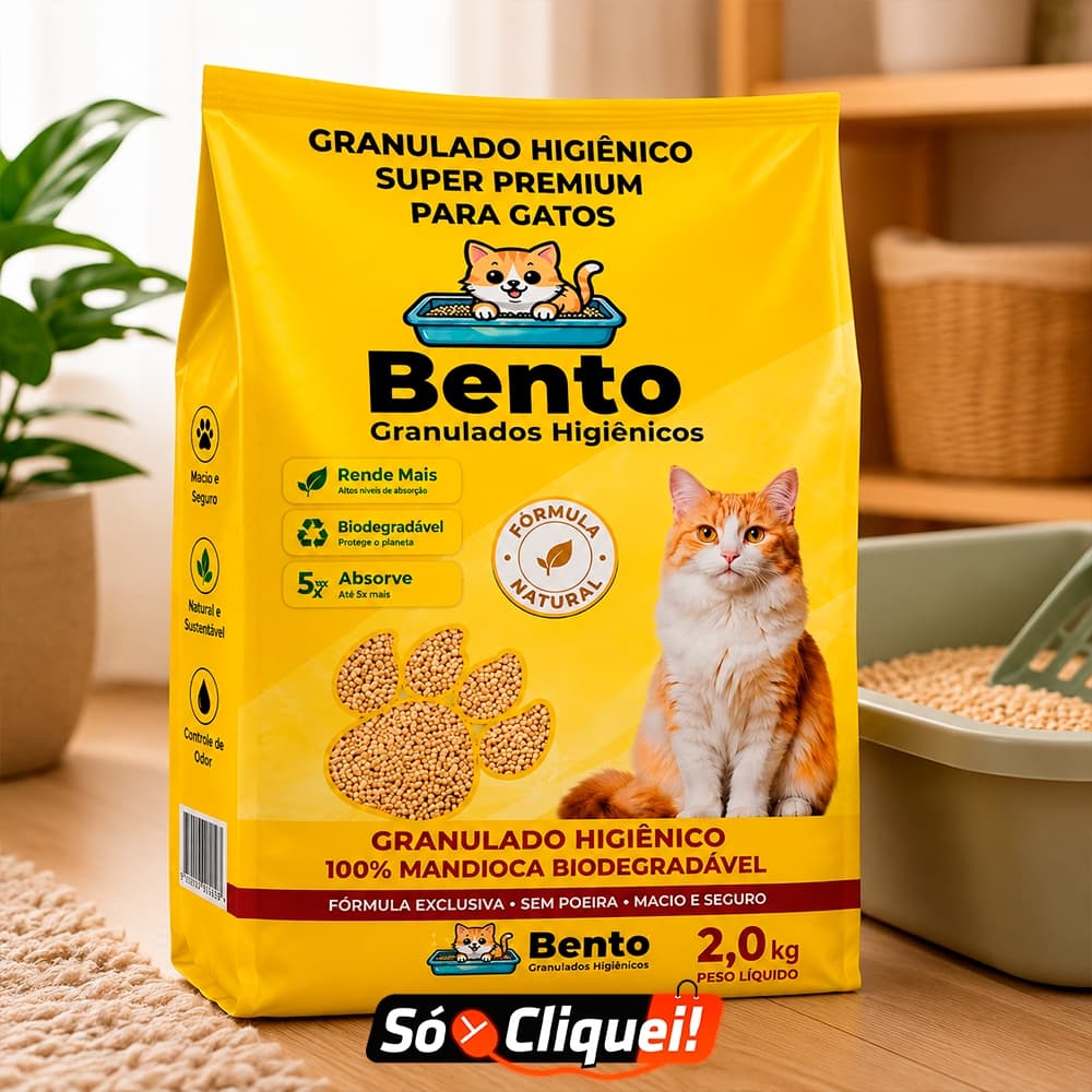 Granulado Higiênico Para Gatos Bento 100% Mandioca Biodegradável Sem Poeira Torrão Instantâneo 2kg