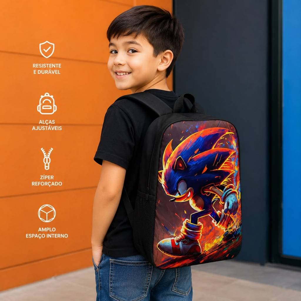 Mochila Escolar Infantil Sonic Estampa Ouriço Azul Leve e Espaçosa Dia a Dia Escolar