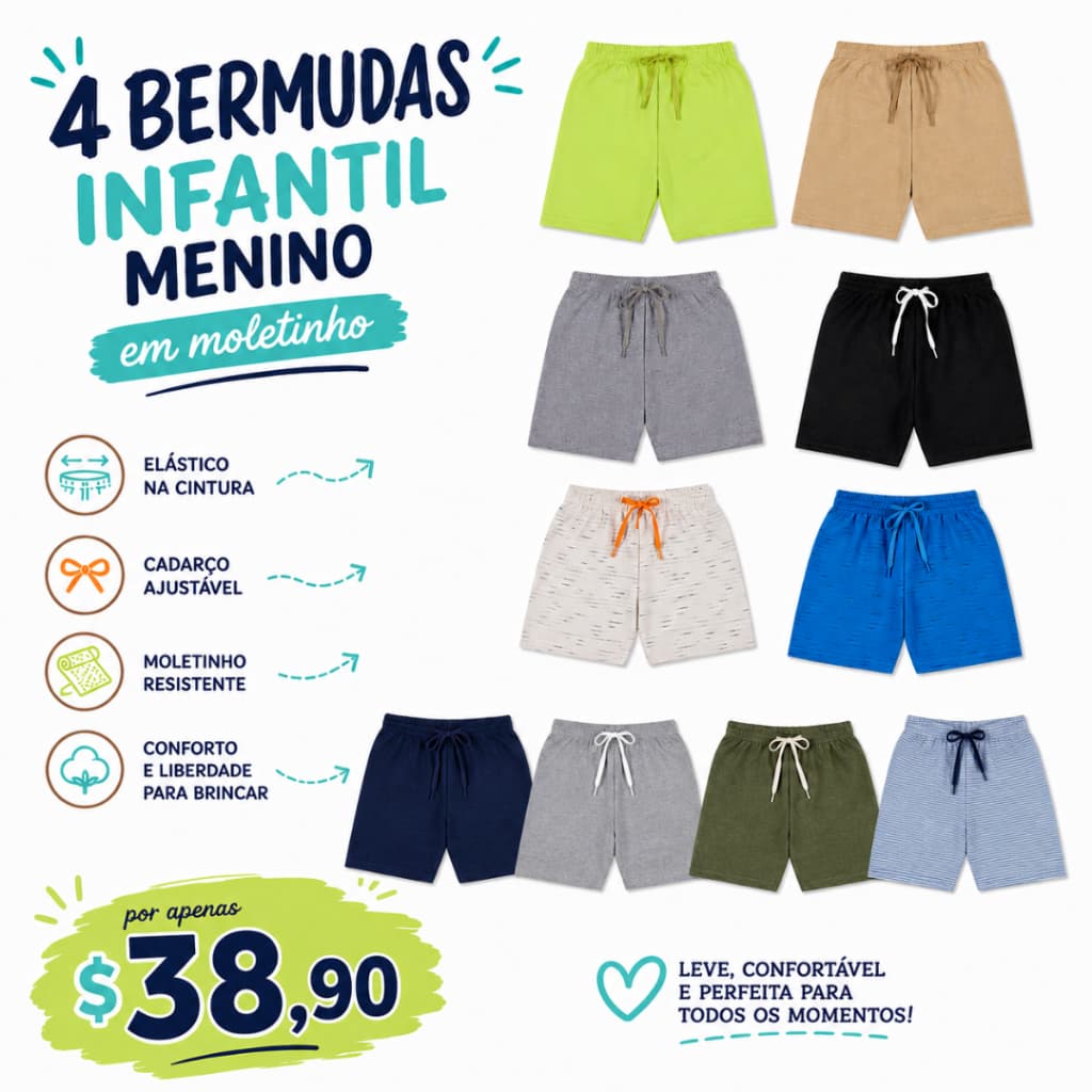 Kit 3 Bermudas Infantil Menino em Moletinho com cadarço 2 ao 12 anos