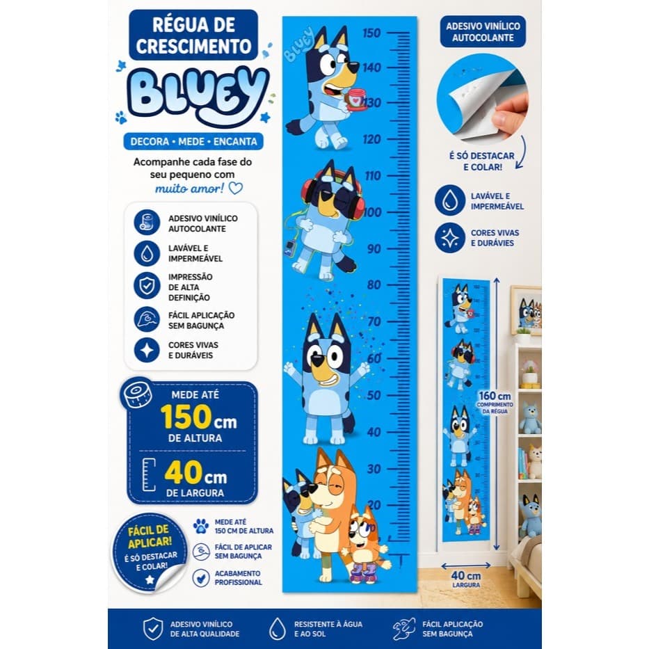 Régua Crescimento Bluey Infantil 160x40 Adesivo Vinil Lavável