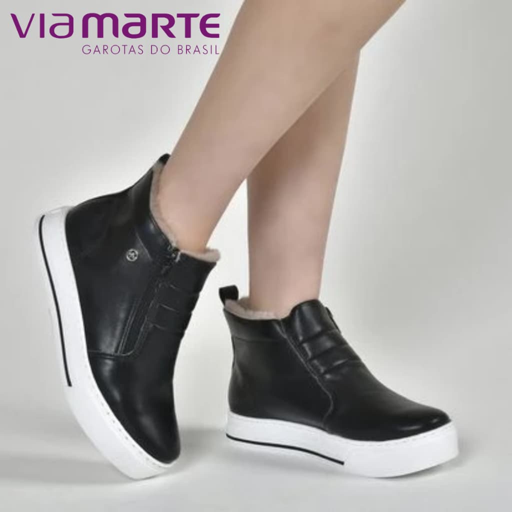 Tênis Via Marte Feminino Slip On Preto Pelinho Cano Curto Zíper Lateral Casual Inverno Moda