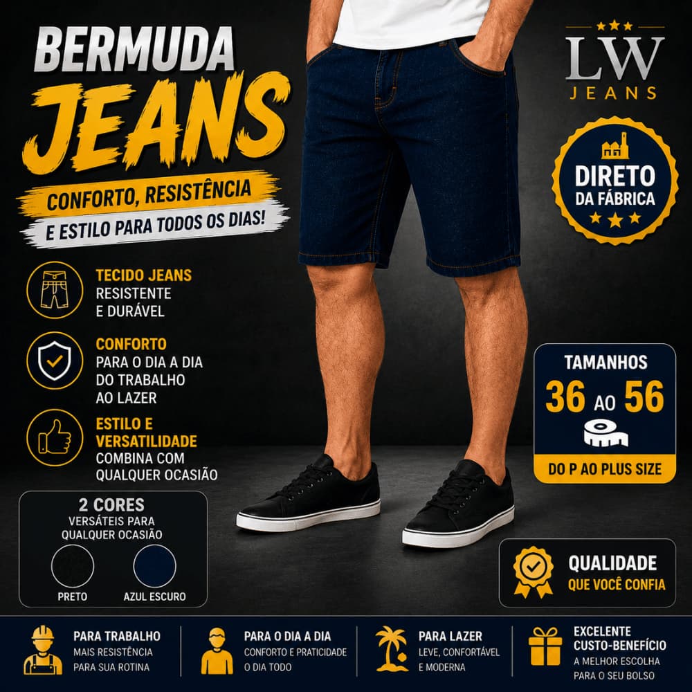 Bermuda Jeans Masculina Premium com Elastano Confortável do 36 ao 56 Trabalho e Casual