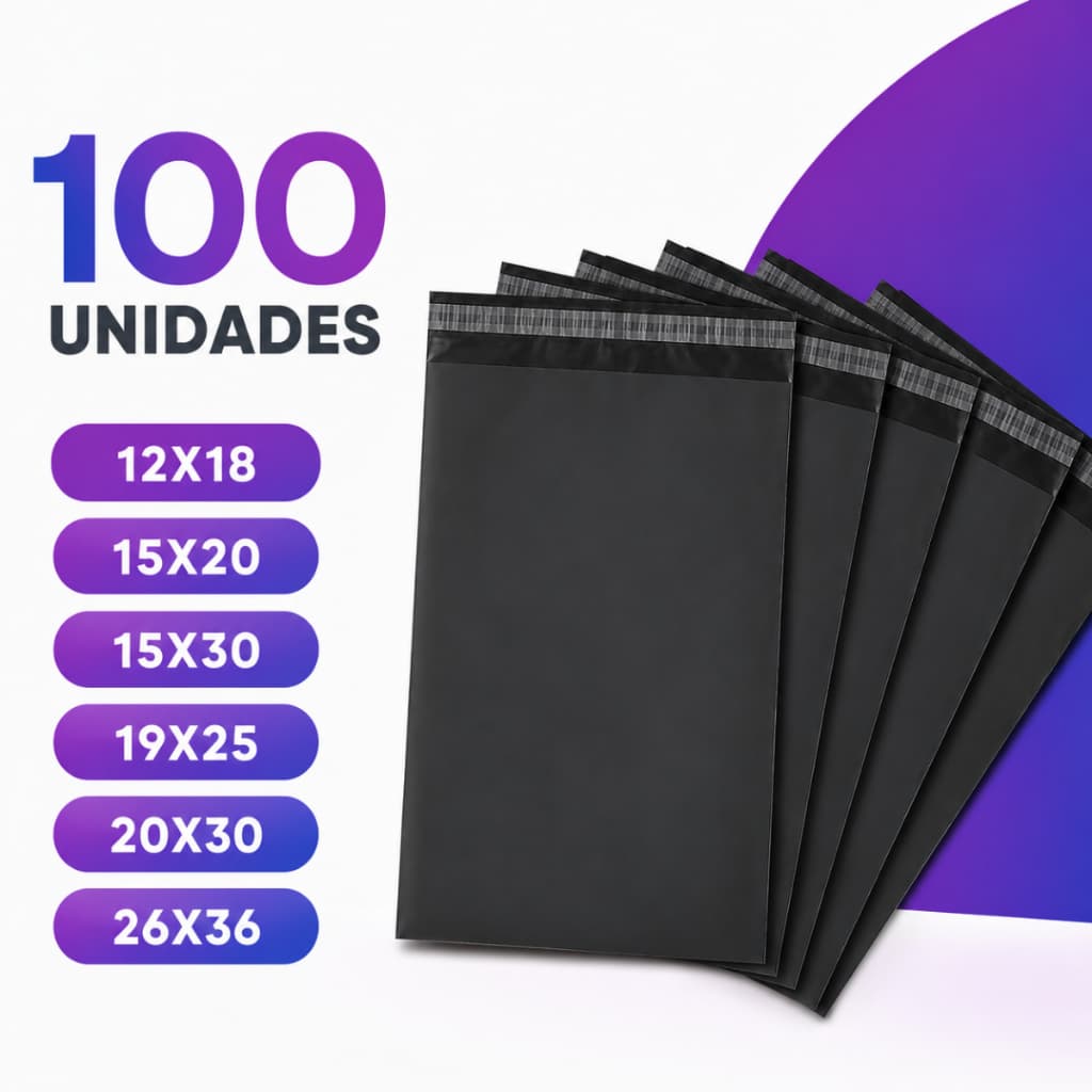 Kit 100 Envelope Segurança Plástico Preto Lacre 12x18 15x20 15x30 19x25 20x30 26x36 40x60