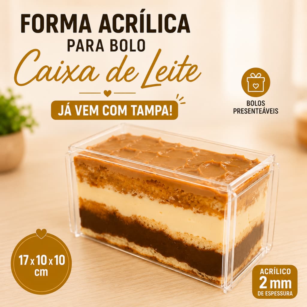 Forma Acrílica Bolo Caixa de Leite 17x10x10 cm Com Tampa Acrílico 2 mm