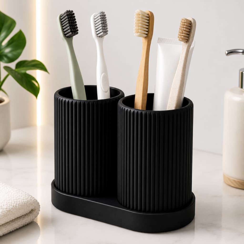 Conjunto Porta Escova de Dente Duplo Canaletado Design Moderno Minimalista Organizador Banheiro