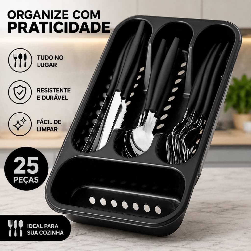 Escorredor Organizador de Talheres 25 Peças Porta Talheres com Dreno Escorredor de Cozinha Multiuso Premium