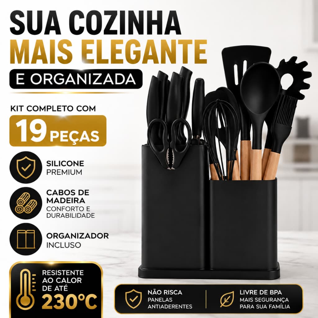 Conjunto de Utensílios de Cozinha 19 Peças Silicone Cabo de Madeira Kit Completo com Facas Tábua e Suporte