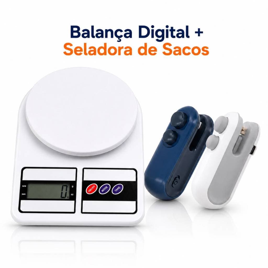 Kit Balança Digital Cozinha Alta Precisão 10Kg + Seladora de Sacos Portátil Alimentos Dieta Receitas