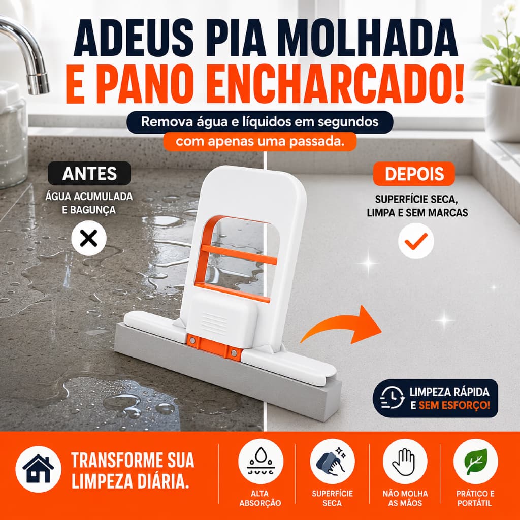 Rodinho de Pia Mini Mop Absorvente com Auto-Torção - Rodo de Pia com Esponja PVA que Limpa e Seca