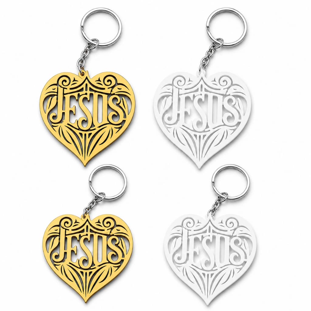 Kit 4/8/16 Chaveiros Coração Jesus 3D Religioso | Lembrancinha Cristã Branco e Dourado