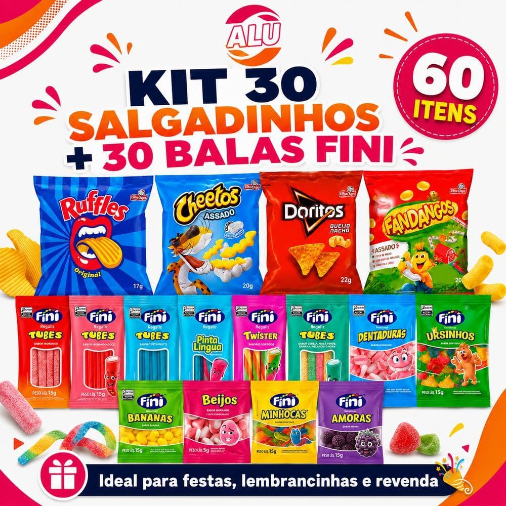 Kit Festa 30 Salgadinhos Elma Chips + 30 Balas Fini Sortidas 60 Unidades
