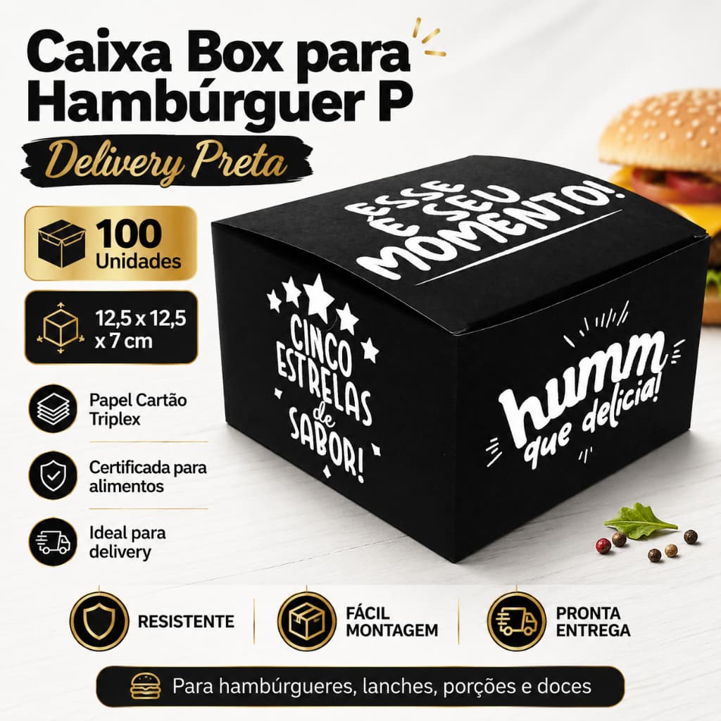 Caixa Box para Hambúrguer Pequeno Delivery (12,5 x 12,5 x 7 cm)