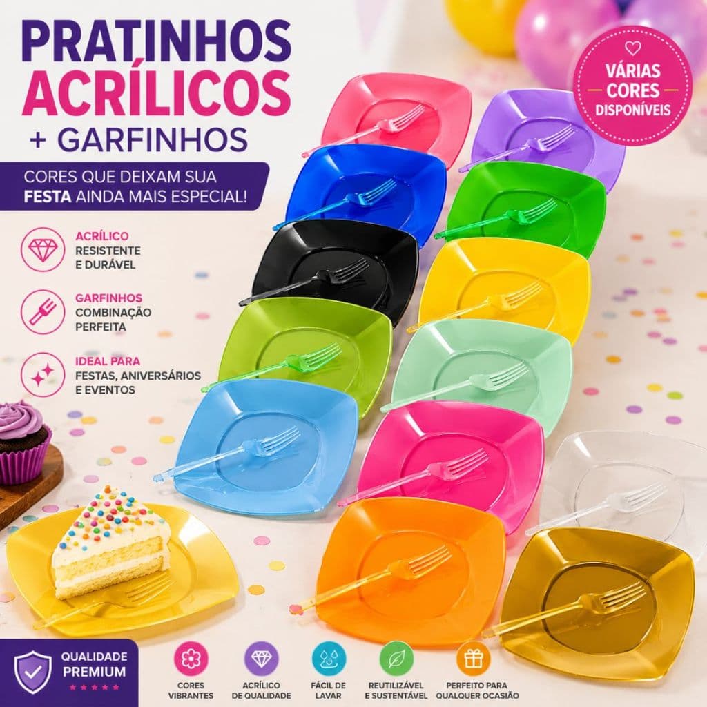Kit Aniversário Festa 50 Pratos 50 Garfinhos Acrílico Resistente Descartavel Plastico Pratinho Quadrado Sobremesa