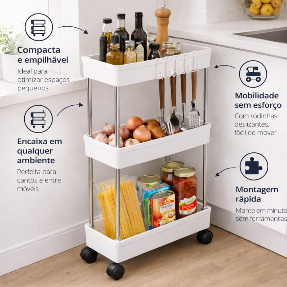 Carrinho Organizador Multiuso 3 Andares com Rodinhas Branco M - Mobilidade e Versatilidade