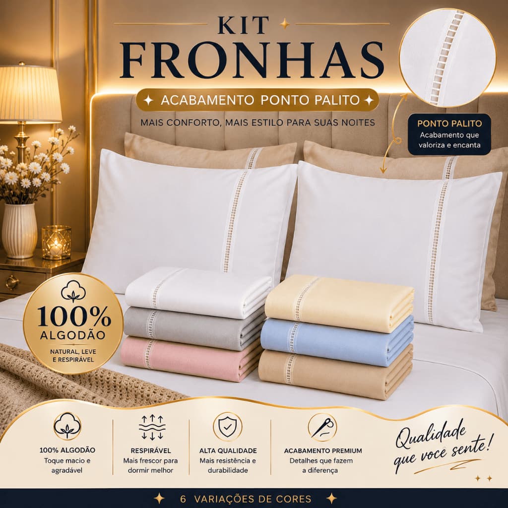 Kit 02 Fronhas Percal 100% Algodão 150 Fios Com Ponto Palito