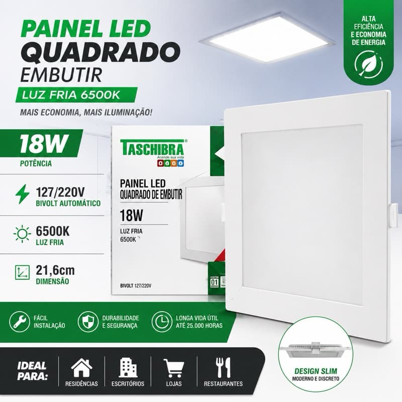 Painel Led 18w Quadrado Embutir 21,6cm Luz Fria 6500k 127/220v