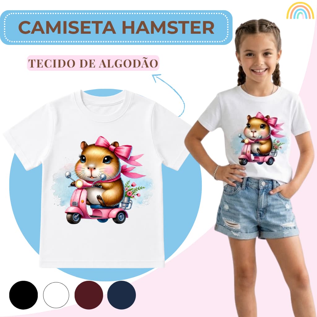 Camiseta Infantil/Juvenil Menina Hamster Camisa Feminina 4 cores Algodão Tamanho 2 ao 16
