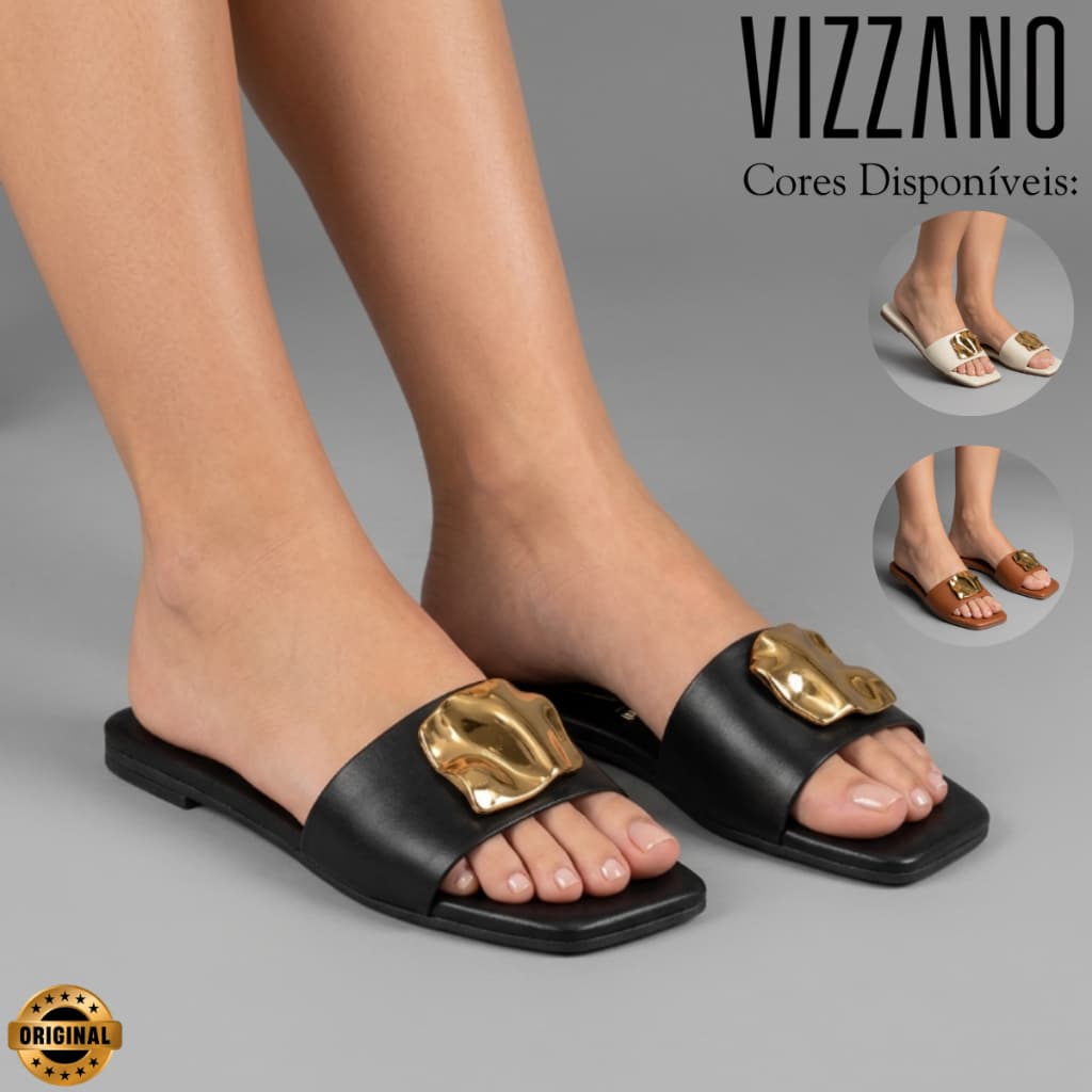 Sandália Rasteirinha Vizzano Feminina Casual Confortável Slide Leve Detalhe Dourado Original