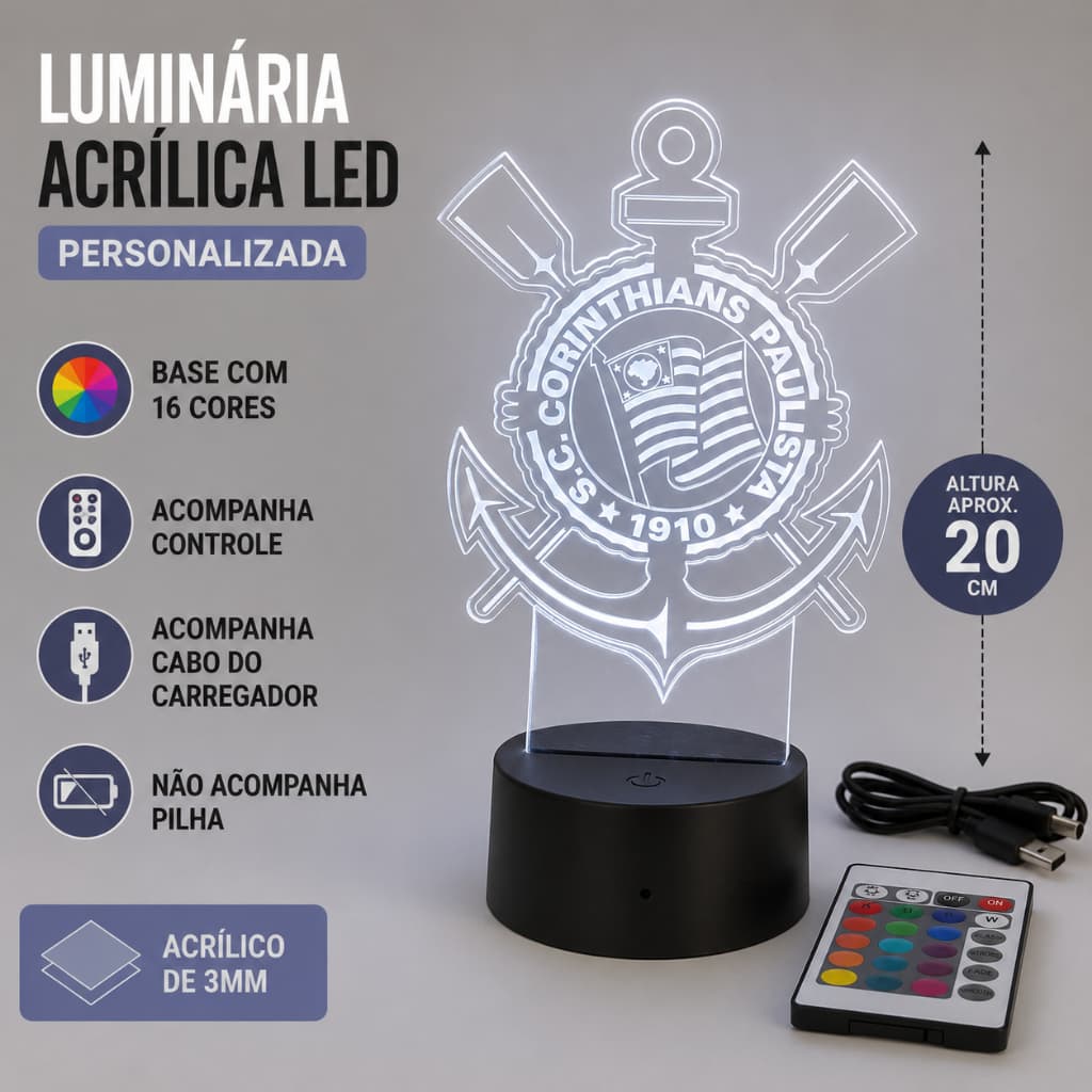 Luminária LED Corinthians 3D Acrílico 20cm 16 Cores Controle Remoto