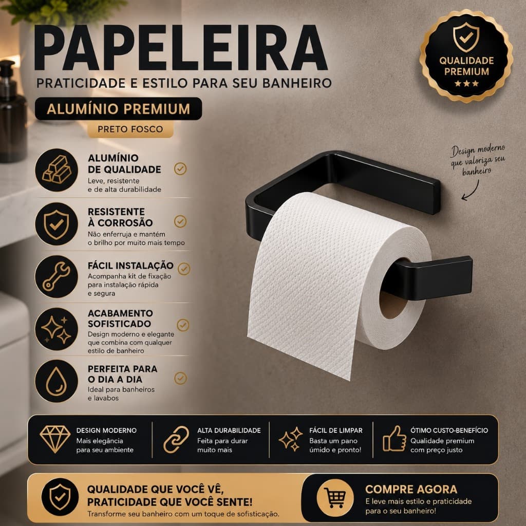 Porta Papel Higiênico Premium Preto Fosco