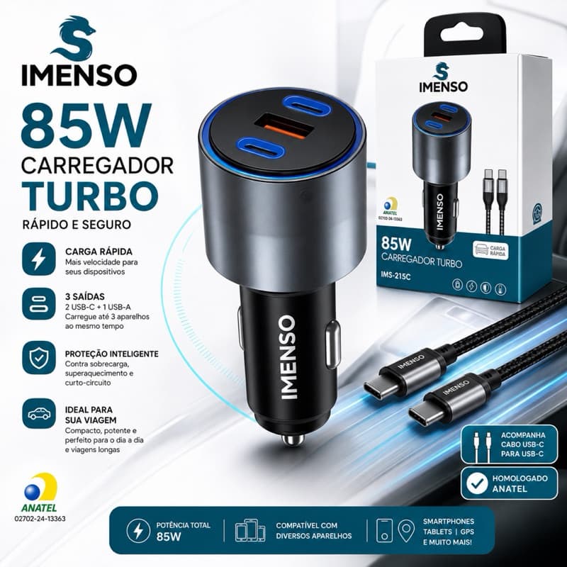 Carregador Veicular IMENSO 85W Original, 2 USB-C + 1 USB-A, carga turbo, Anatel, seguro e resistente.