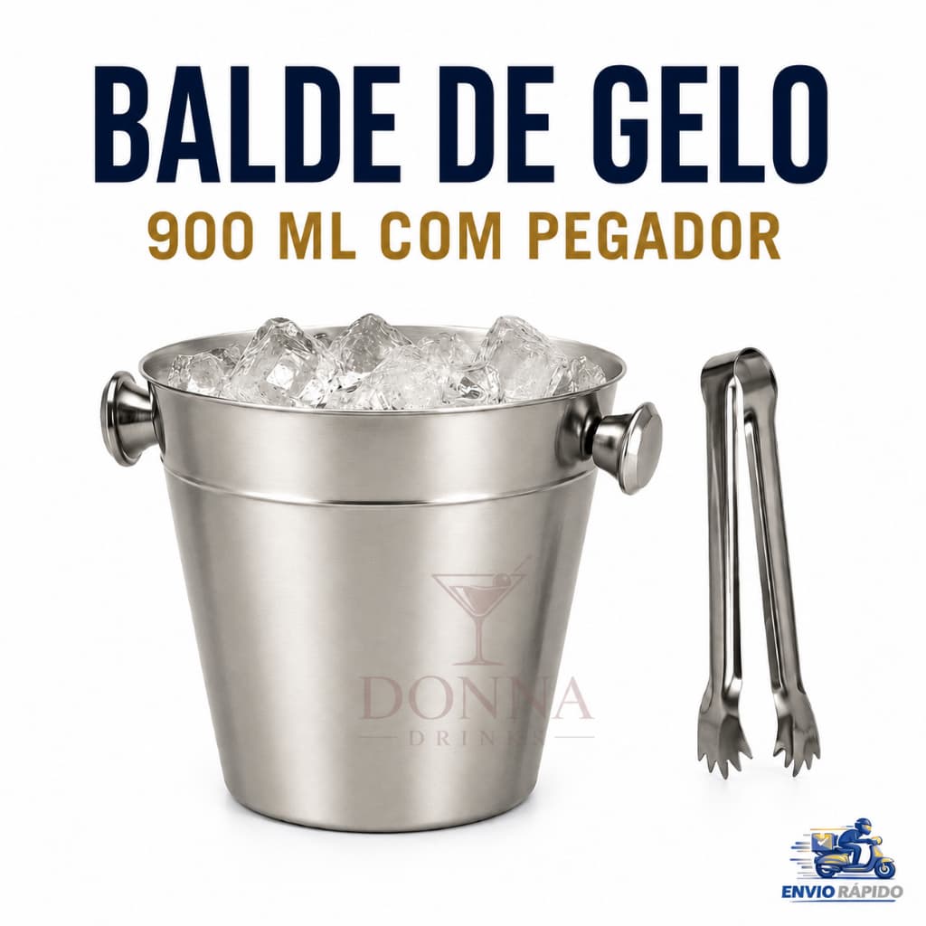 Balde de Gelo 900ml com Pegador Inox Para Bartender Drinks - Kit bar