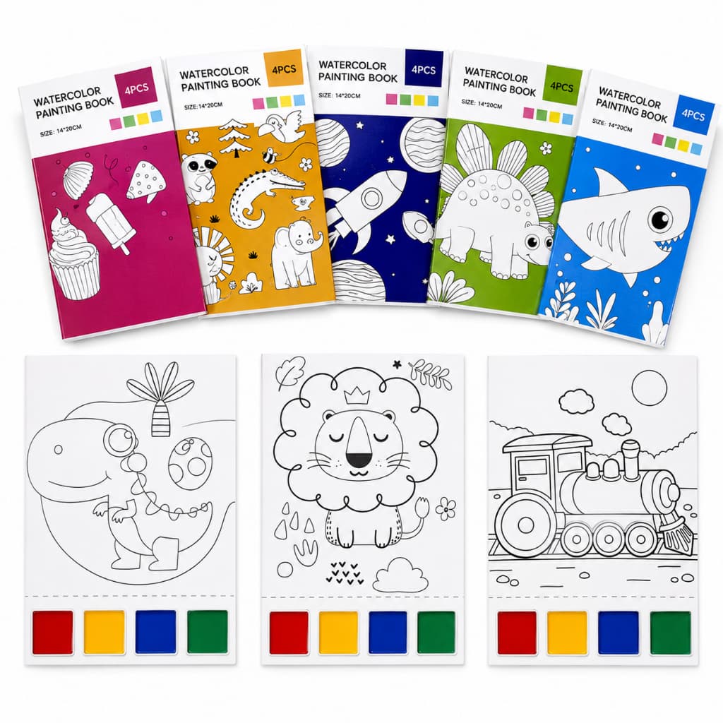 kit Livro de Pintura Aquarela Com Pincel e 4 folhas Para Colorir com Tinta Guache
