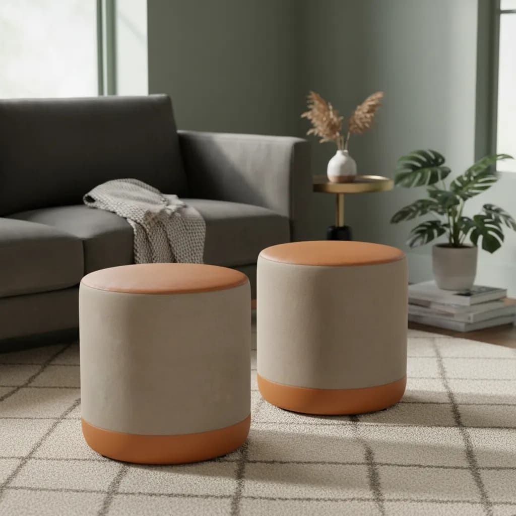Kit 2 Puffs Decorativos Viena Redondos em Linho Bege e Couríssimo Marrom 40cm – Modernos e Confortáveis