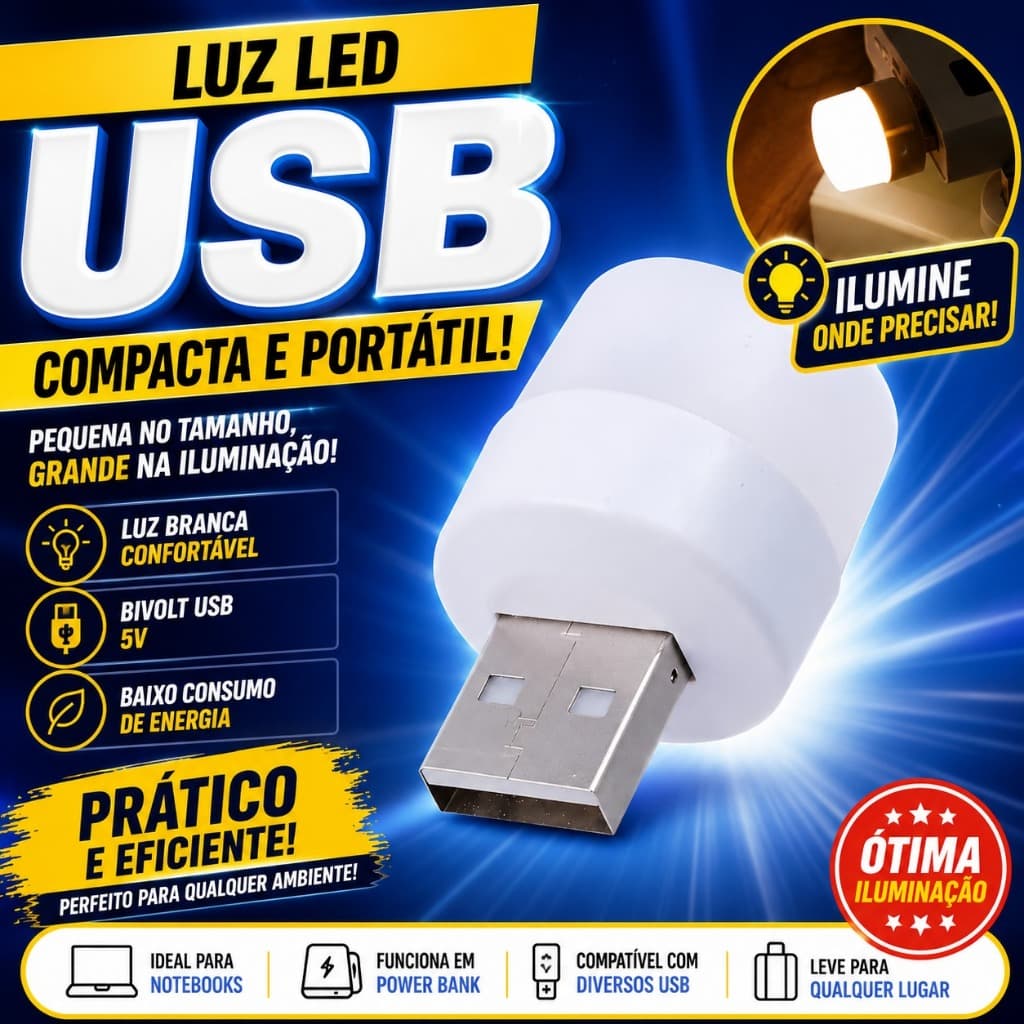 Kit Mini Lâmpada LED USB 1W Luz Noturna Portátil  Branca  Compatível Notebook Power Bank